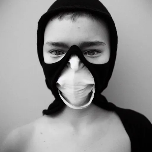 Prompt: an intimate portrait of a teenager wearing a black balaclava in a tear gas cloud, facing camera, emotionnal, smoke, riot, black block, photojournalism, f 2, nikon, studio portrait, bokeh, sharp focus, haze, volumetric lighting, intense, eerie, by annie leibovitz, visa pour l'image, prix nadar