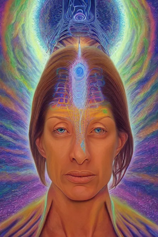 Image similar to transcendental meditation cult woman, opening third eye, chakra energy waves resonating from her body, ethereal aura, epic surrealism 8k oil painting, portrait, perspective, high definition, post modernist layering, by Raymond Swanland, Barclay Shaw, Alex Grey
