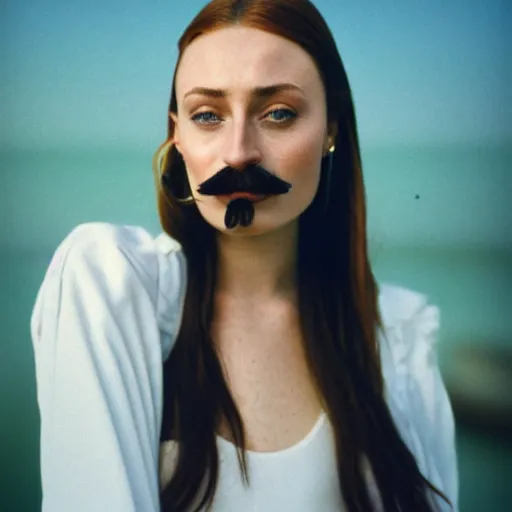 Image similar to photo, sophie turner, handlebar mustache, morocco, white clothing, ektachrome, portrait, mid shot, 5 0 mm,