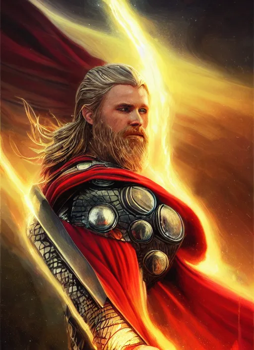 Prompt: detailed portrait of Thor wearing a cloak over his head, eyes on fire with celestial flames, a halo of shimmering color around him, future earth in the background, by Jason Jenicke and Jeremy Mann, intricate, beautiful, stylized, detailed, realistic, loose brush strokes, dramatic, enduring, captivating, Artstation