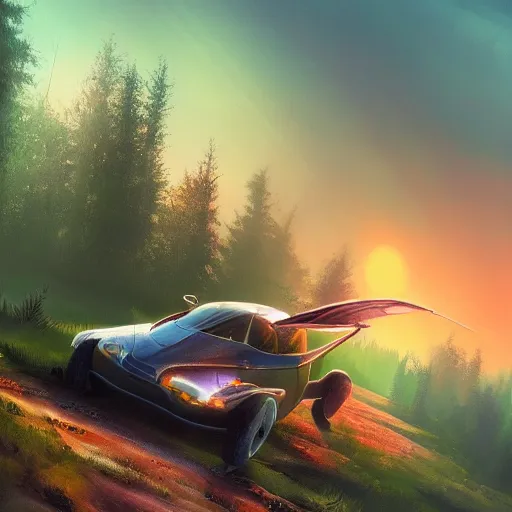 Image similar to flying car in futuristic spiritual mystical post apocalyptic forest by ron gilbert, dim painterly volumetric aquatic sunset lighting, beautiful, crisp, artstation, highly detailed