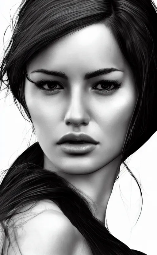 Image similar to up close portrait of a beautiful woman in black and white, photorealistic, intricate perfect hair, rule of thirds, art by diego fazio and diegoKoi and oscar Ukono, concept art, sharp focus, artgerm, 8k highly detailed