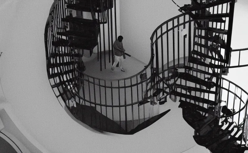 Image similar to zoomed out photo of frank ocean walking up a spiral staircase in the centre of the room, greyscale,