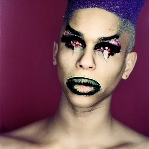 Image similar to realistic photoshoot of a nightlife personality in a club color film photography, portrait of a beautiful drag queen, photo in style of tyler mitchell painting by gottfried helnwein 3 5 mm zeiss lens sharp