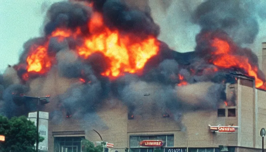 Image similar to 7 0 s movie still of chase bank burning, cinestill 8 0 0 t 3 5 mm eastmancolor, heavy grain, high quality, high detail