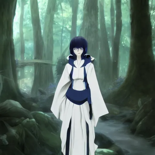 Image similar to concept art painting of an anthropomorphic anime style humanoid white raven wearing dark blue robes, in the deep forest, realistic, detailed, cel shaded, in the style of makoto shinkai and greg rutkowski and james gurney