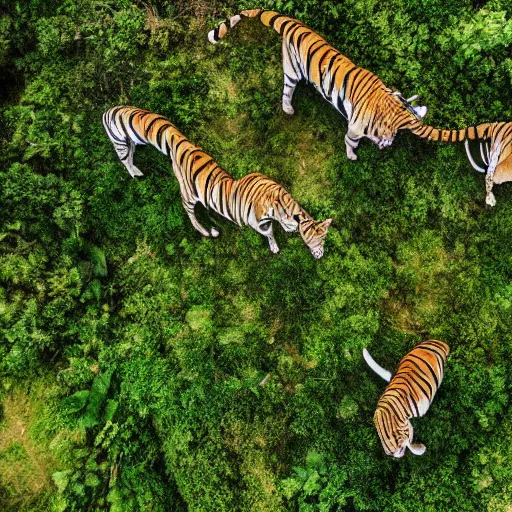 Image similar to drone photograph of tigers fleeing deforestation in the jungle