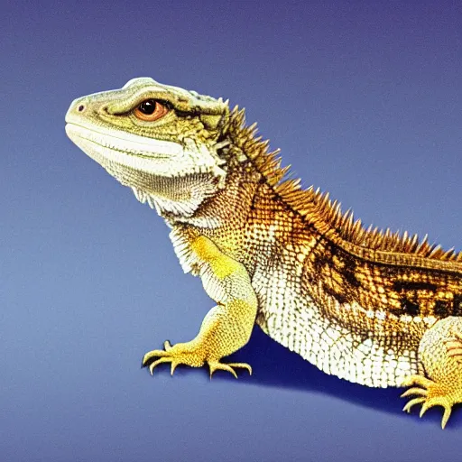 Image similar to bearded dragon on the back of a siberian husky, photorealistic