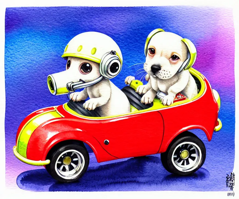 Image similar to cute and funny, puppy wearing a helmet riding in a tiny hot rod with an oversized engine, ratfink style by ed roth, centered award winning watercolor pen illustration, isometric illustration by chihiro iwasaki, edited by range murata, tiny details by artgerm and watercolor girl, symmetrically isometrically centered, sharply focused