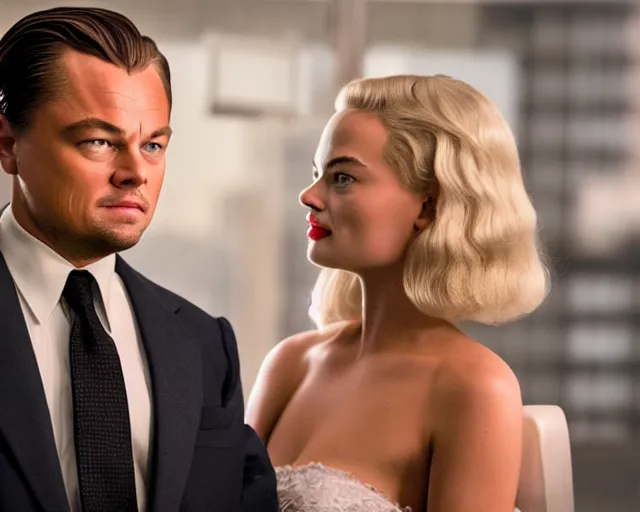 Image similar to leonardo dicaprio as the wolf of wall street next to margot robbie as naomi from the wolf of wall street, hyper realistic faces, beautiful eyes, cinematic, long shot, hyper detailed, 8 5 mm photograph, 8 k resolution, film still, sharp lens, wide lens