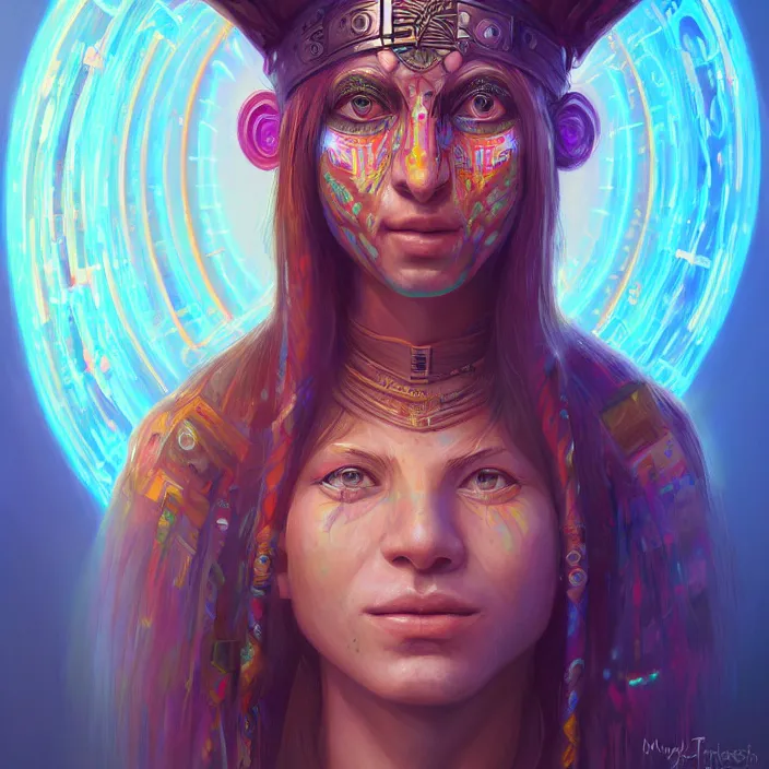 Image similar to portrait of a future metaverse ayahuasca tech shaman warrior, 2 d cartoon, visionary art, symmetric, magick symbols, holy halo, shipibo patterns, sci - fi, concept art, trending on art station, 8 k digital art, by mandy jurgens, fantasy portrait art, anime