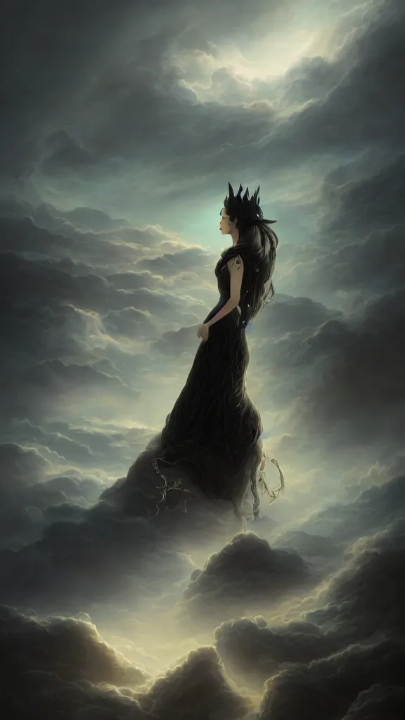 Prompt: a woman with very black hair and pale skin with a crown on her head walk on the clouds, in the style of tomasz alen kopera and fenghua zhong and peter mohrbacher, mystical colors, rim light, beautiful lighting, 8 k, stunning scene, raytracing, octane, trending on artstation,