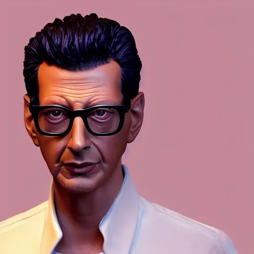 Image similar to hyperrealistic jeff goldblum, comprehensively lifelike 3 d render inspired by istvan sandorfi & xiang duan, perfect symmetry, dim volumetric cinematic lighting, 8 k octane comprehensive render, extreme hyper - detailed attributes & atmosphere, intricate, impossibly lifelike composition, masterpiece, artstation, stunning,