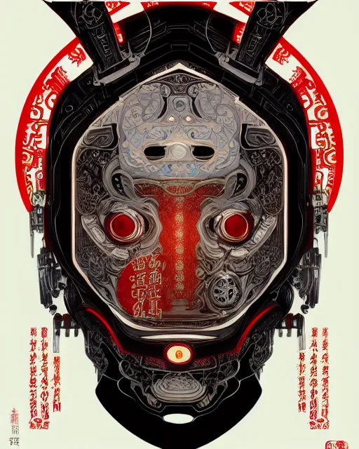 Image similar to portrait of a cyberpunk machine, machine face, upper half portrait, decorated with chinese opera motifs, asian, fine china, traditional chinese art, intricate, elegant, highly detailed, symmetry, headpiece, digital painting, artstation, concept art, smooth, sharp focus, illustration, art by artgerm and greg rutkowski and alphonse mucha, 8 k