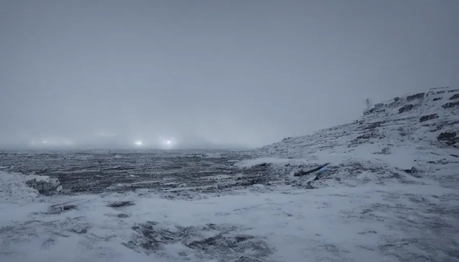 Prompt: Battleship Crash Site Hoth, moody, spooky, cinematic