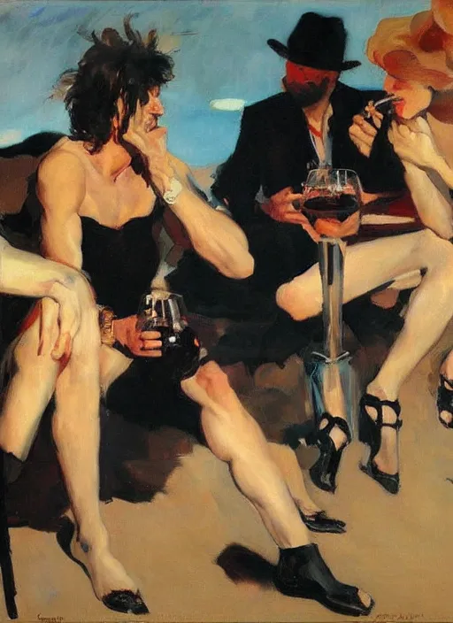 Prompt: glam rocker drinking brutal and raw wine with his friends by joaquin sorolla, phil hale, greek style