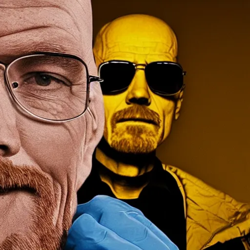 Image similar to A still of Jerma taking a selfie with Walter White in Albuquerque, New Mexico with a yellow filter, real life, hyperrealistic, ultra realistic, realistic, highly detailed, epic, HD quality, 8k resolution, body and headshot, Trending on Artstation, very realistic