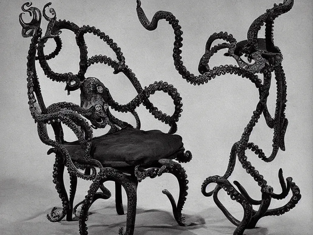 Prompt: flaming gothic stone armchair in the shape of octopus. karl blossfeldt, salvador dali