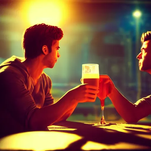 Image similar to cinematic scene with attractive male and another attractive male, drinking their hearts out, in the pub, high definition, very detailed, volumetric lighting, still frame