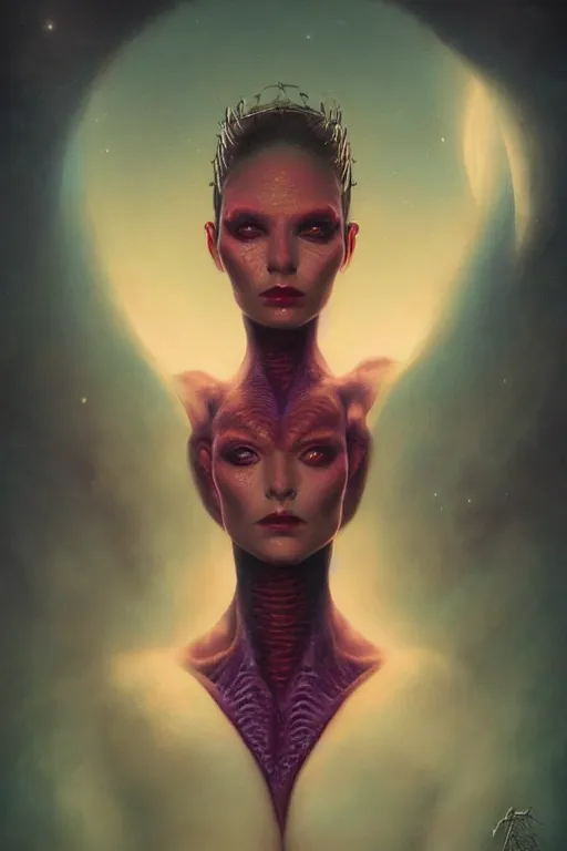 Prompt: portrait of an elegant alien lizard woman queen, straight on portrait, by artgerm, tom bagshaw, gerald brom, vaporwave colors, lo - fi colors, vaporwave, lo - fi, moody vibe, goth vibe, 4 k, hd,