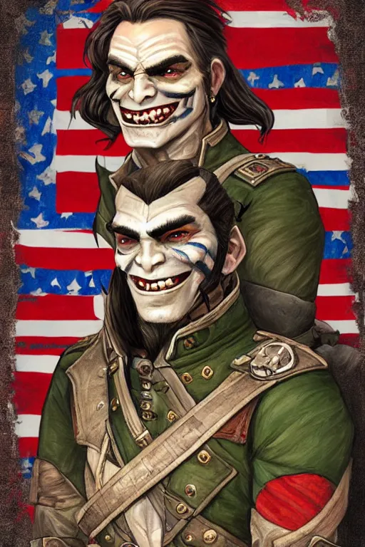 Prompt: 1 9 th century style portrait of a half orc with a bemused fanged smile on his face. dressed in a patchwork military uniform jacket with cut sleeves, runic arm tattoos, sharp focus, illustration, digital painting, art by magali villeneuve