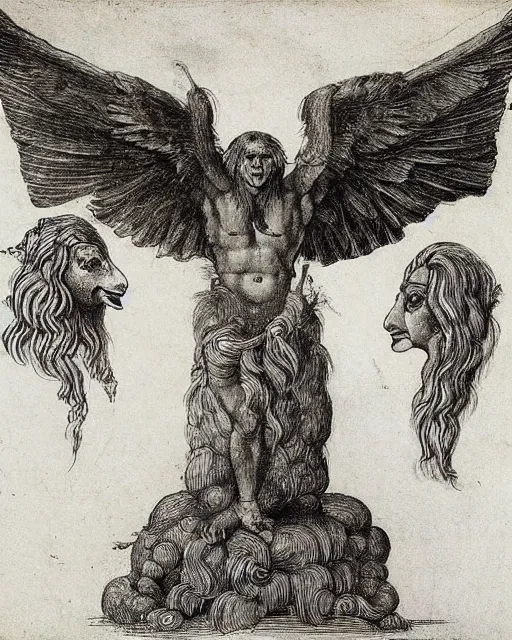 Image similar to human / eagle / lion / ox hybrid with two horns, one big beak, mane, human body. drawn by leonardo da vinci