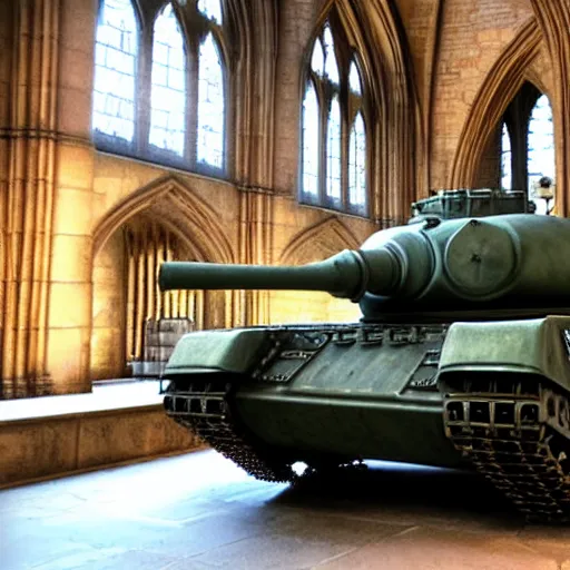 Prompt: Photo of a tank in Hogwarts Great Hall