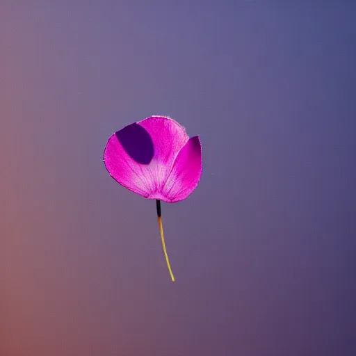 Prompt: closeup photo of 1 lone purple petal flying above a city, aerial view, shallow depth of field, cinematic, 8 0 mm, f 1. 8