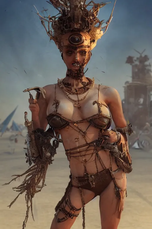 Image similar to a centered photo of a post apocalyptic supermodel goddess at burning man festival playa, powerful, cinematic, beautifully lit, by artgerm, by craig mullins, by karol bak, 3 d, perfect face and body, trending on artstation, octane render, 8 k