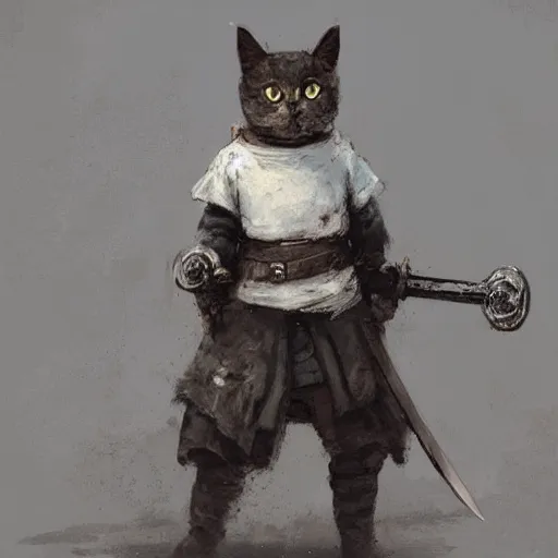 Prompt: a cat holding a sword by jakub rozalski