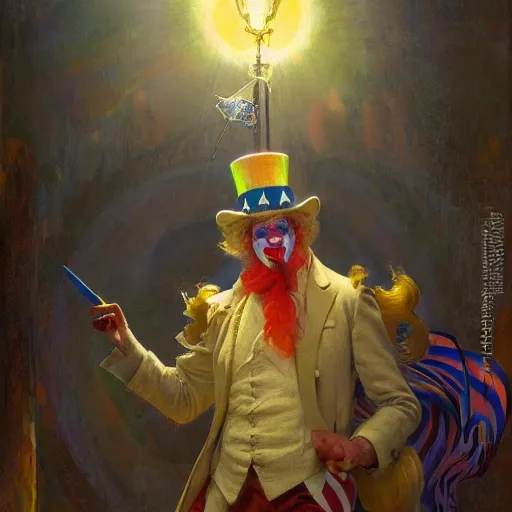 Image similar to uncle sam as a clown, radiant light, caustics, heroic, bright iridescent light, by gaston bussiere, bayard wu, greg rutkowski, maxim verehin