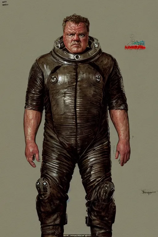 Image similar to upper body portrait of josh brolin as baron harkonnen, wearing old leather spacesuit, dystopian science fiction, dark, horror, illustration by norman rockwell, hans baluschek, artstation character art, john william waterhouse, concept art, greg rutkowski