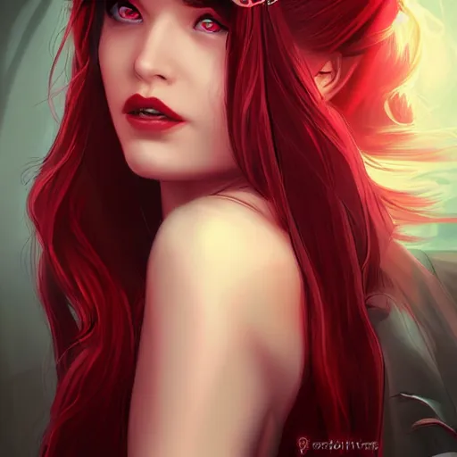 Image similar to princess of darkness, style of artgerm comic, piercing eyes, long glowing red hair, waterhouse, character art, matte