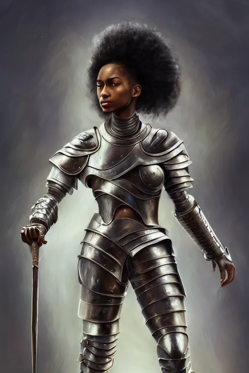 Image similar to a photorealistic painted portrait of an attractive young black girl, partially clothed in metal-plated battle armor, matt olive skin, long dark hair, flawless skin, beautiful bone structure, perfectly symmetric facial features, perfect photorealistic eyes, natural physique, intricate, elegant, digital painting, concept art, finely detailed, beautifully illustrated, sharp focus, minimal artifacts, from Metal Gear, by Ruan Jia and Mandy Jurgens and Artgerm and William-Adolphe Bouguerea, in the style of Greg Rutkowski, trending on Artstation, award winning art