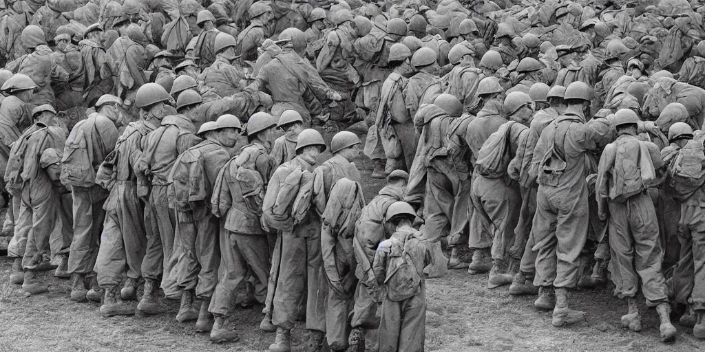 Image similar to detailed sharp photograph in the style of popular science circa 1 9 5 5 and gregory crewdson of a 1 9 5 0 s of a platoon of soldiers on base in korean war