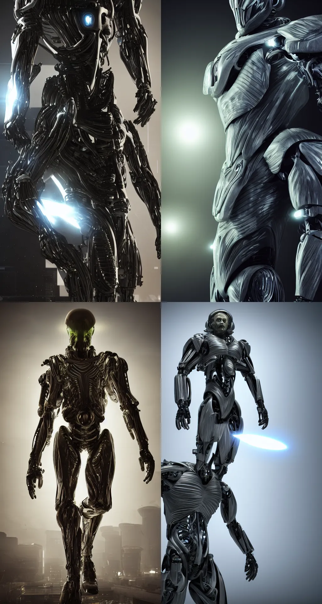 Image similar to tall muscular alien cyborg with huge head in fiber optic exo suit, 8k, octane render