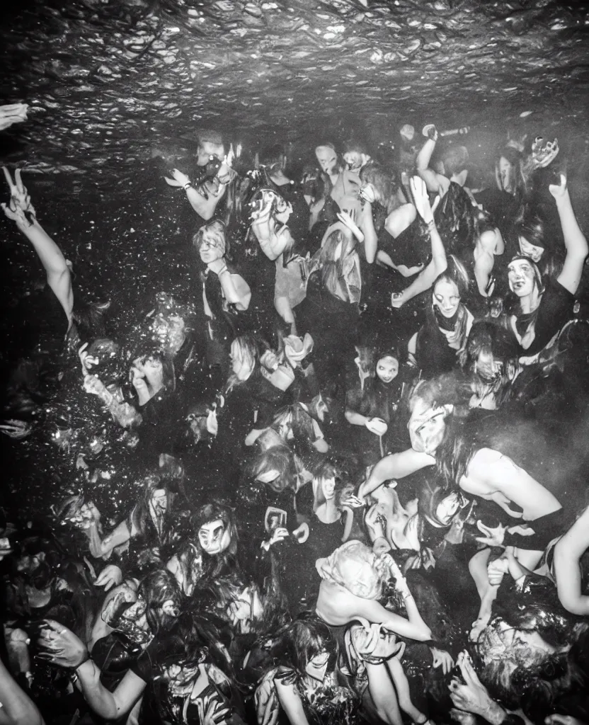 Prompt: photos of a wild underground party taken by merlin bronques, expert everything is under water