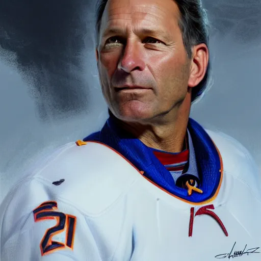 Prompt: beautiful portrait of Clint Malarchuk as a hockey coach, fantasy, intricate, elegant, highly detailed, digital painting, artstation, concept art, smooth, sharp focus, luxury fashion illustration, art by artgerm and greg rutkowski and alphonse mucha, brightly lit cinematic soft lighting, photorealistic