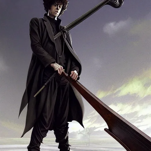 Image similar to Spike Spiegel as a grim reaper holding a giant scythe, fantasy, intricate, elegant, highly detailed, digital painting, artstation, concept art, matte, sharp focus, illustration, art by Artgerm and Greg Rutkowski and Alphonse Mucha