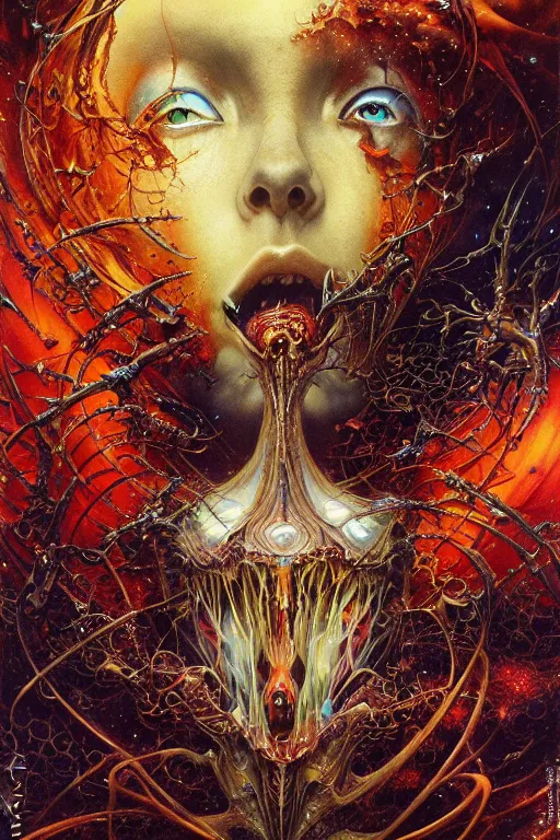 Prompt: realistic detailed image of A Biological Space Creature Eating Stars by Ayami Kojima, Amano, Karol Bak, Greg Hildebrandt, and Mark Brooks, Neo-Gothic, gothic, rich deep colors. Beksinski painting, part by Adrian Ghenie and Gerhard Richter. art by Takato Yamamoto. masterpiece