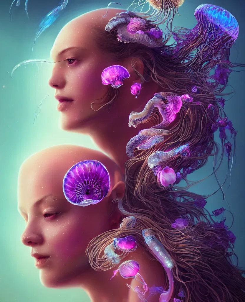 Image similar to goddess princess beautiful woman face close-up portrait ram skull. jellyfish phoenix head, nautilus, orchid, skull, betta fish, bioluminiscent creatures, intricate artwork by Tooth Wu and wlop and beeple. octane render, trending on artstation, greg rutkowski very coherent symmetrical artwork. cinematic, hyper realism, high detail, octane render, 8k