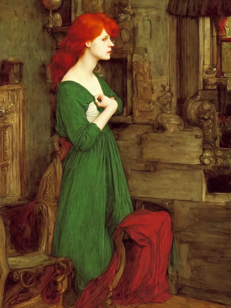 Prompt: a portrait of a beautiful young woman with flowing red hair, green dress, interior of a medieval living room, pre-raphaelite, backlit, by Waterhouse, by Millais