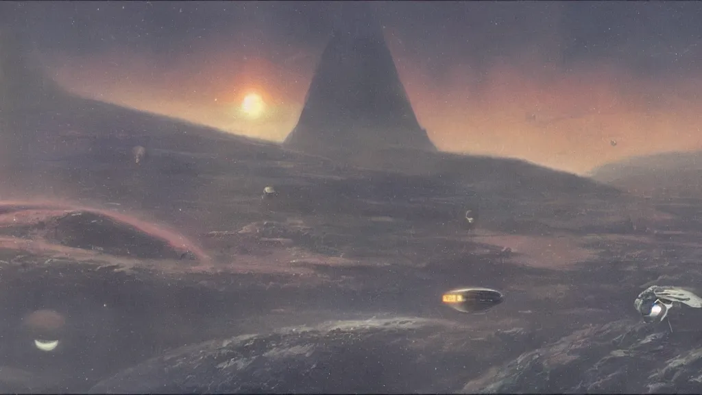 Image similar to eerie atmospheric alien planet with a small dropship pod landing by paul lehr and jack gaughan and john schoenherr, epic cinematic matte painting