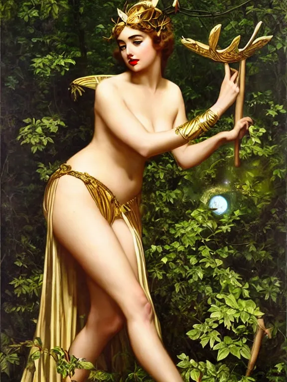 Image similar to Ana de armas as Artemis the Greek goddess of the hunt, a beautiful art nouveau portrait by Gil elvgren, Moonlit forest environment, centered composition, defined features, golden ratio, golden jewelry, sheer, unarmed