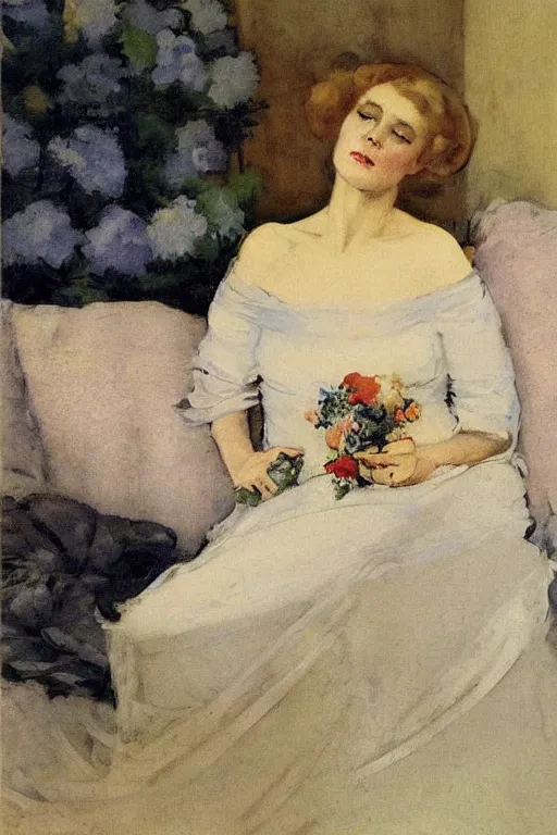 Image similar to european woman in a gown relaxing on couch, bloom flowers, modern, eclectic, illustration, by ramon casas