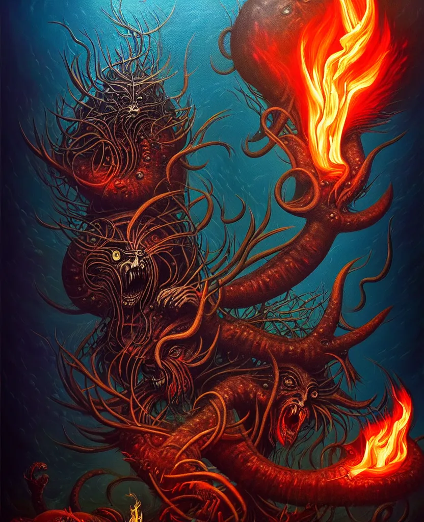 Image similar to mysterious bestiary of wild emotion monsters repressed in the deep sea of unconscious of the psyche lead by baba yaga, about to rip through and escape in a extraordinary revolution, dramatic fire glow lighting, surreal painting by ronny khalil