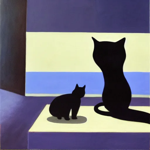 Prompt: in an art gallery, there is a huge painting of carmen herrera blue with white line. a black cat is looking at the painting. cgsociety, surrealism, dystopian art, purple color scheme