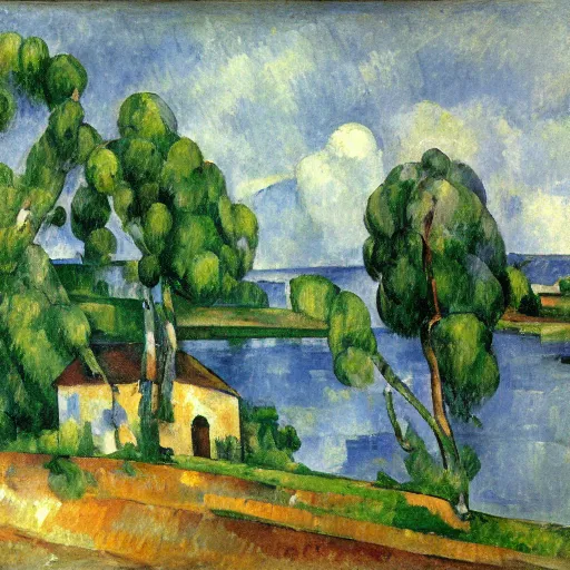 Prompt: small homestead on the edge of a lake, by Paul Cézanne