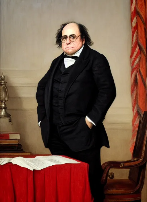 Image similar to portrait of the united states president, 1 8 6 7, danny devito. standing in the oval office. oil on canvas by william sidney mount, trending on artstation