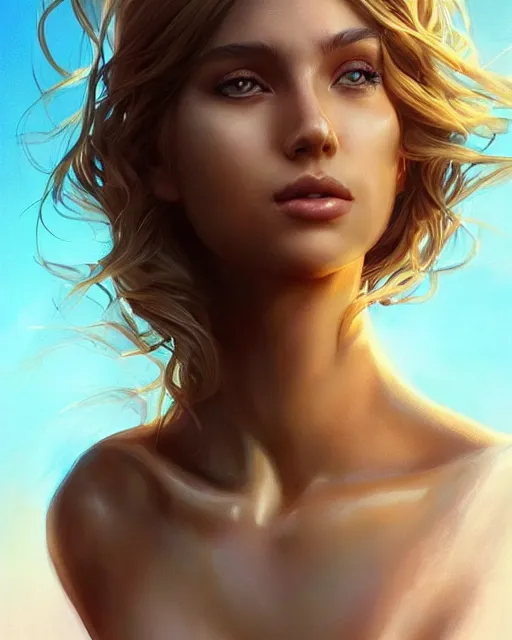 Image similar to summer vibes, beautiful sun tanned goddess portrait, flowy sunkissed hair, sun, summer, cinematic lighting, highly detailed, digital painting, trending on artstation, pixiv, concept art, sharp focus, illustration, art by ross tran and wlop